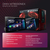 Black and gray background with the packaging and receiver, then the listing of everything that is inside the box