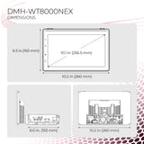 White and gray background with dimensions of the receiver in line art.