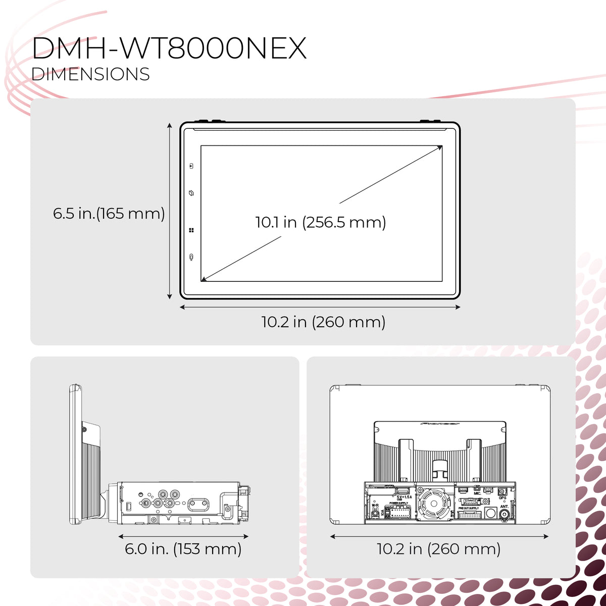 White and gray background with dimensions of the receiver in line art.