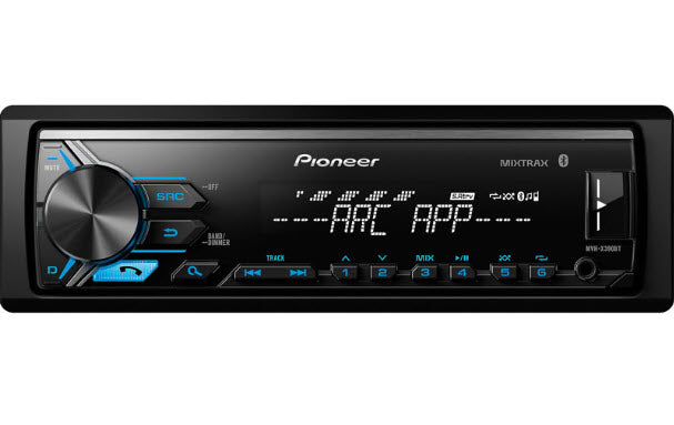 A Pioneer digital media receiver with a built-in amplifier, display screen, and control knob. It is designed for use in a vehicle's audio system.