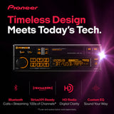 Pioneer car stereo headunit advertisement on a black background with purple glow effects. The product is a rectangular black radio display with orange LED screen and control buttons, shown below marketing text and feature callouts for Bluetooth, SiriusXM Ready, HD Radio, and Custom EQ.