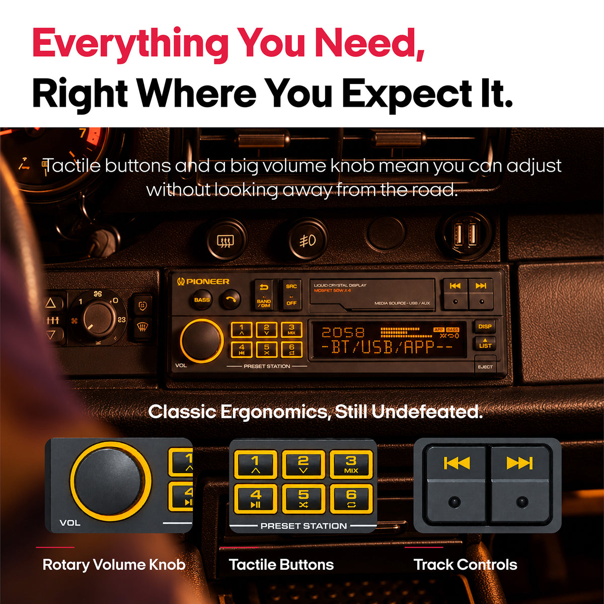 Promotional graphic for a car stereo control panel showing a close-up of a Pioneer radio console in a vehicle interior, with text highlighting tactile buttons, a rotary volume knob, and track controls. Smaller inset diagrams at the bottom illustrate these controls.