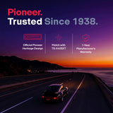 Pioneer Trusted Since 1938 promotional graphic with a car driving on a coastal highway at sunset, plus three feature callouts: Official Pioneer Heritage Design, Match with TS-X40SXT, and 1-Year Manufacturer's Warranty.