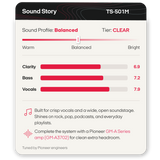 A digital graphic card for the Pioneer TS-501M Sound Story app, showing a balanced sound profile with clear, bright, and warm audio metrics on a white background.