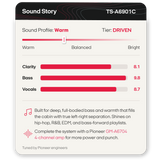 A product information card for a Pioneer audio amplifier or system accessory labeled TS-A6901C, showing a warm sound profile with bar charts for Clarity, Bass, and Vocals, plus text noting compatibility with a Pioneer GM-A6704 4-channel amp.