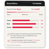 A digital graphic showing the Sound Story TS-F6935R speaker system's sound profile settings. The design features a dark gray and white layout with red accents, displaying a 'Warm' sound profile with bar graphs for Clarity, Bass, and Vocals, and text detailing its compatibility with Pioneer gear.