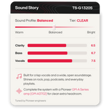 A digital product graphic for the Pioneer TS-G1320S Sound Story system, showing a balanced sound profile with clear, bright, and warm audio metrics on a clean white background.