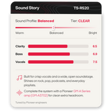 A product feature graphic for the Pioneer TS-G520 Sound Story system, showing a balanced sound profile with bar graphs for Clarity, Bass, and Vocals, plus descriptive text on a clean white background.