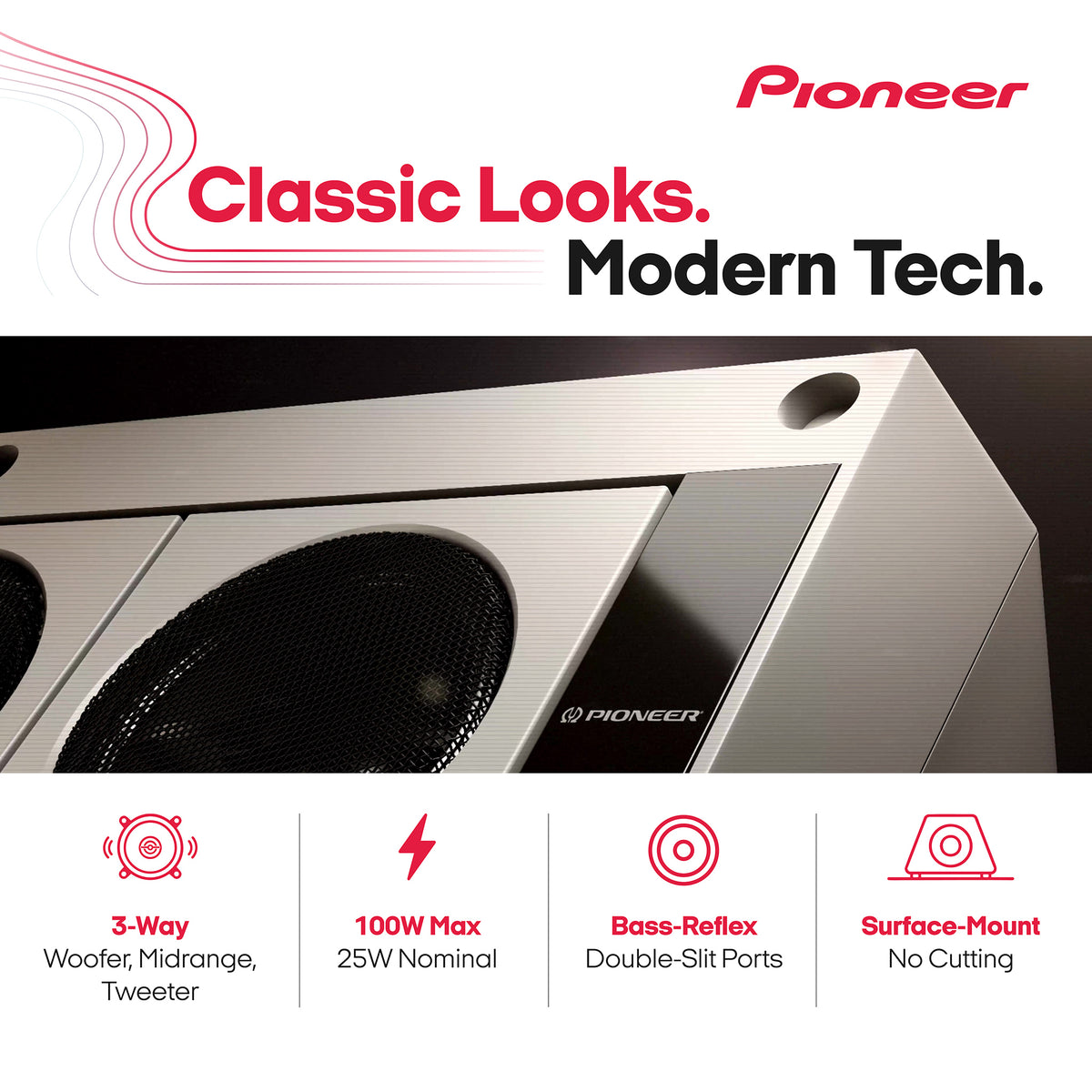 Pioneer Classic Looks Modern Tech. speaker in a brushed silver finish with black speaker grilles, shown with feature callout icons below.