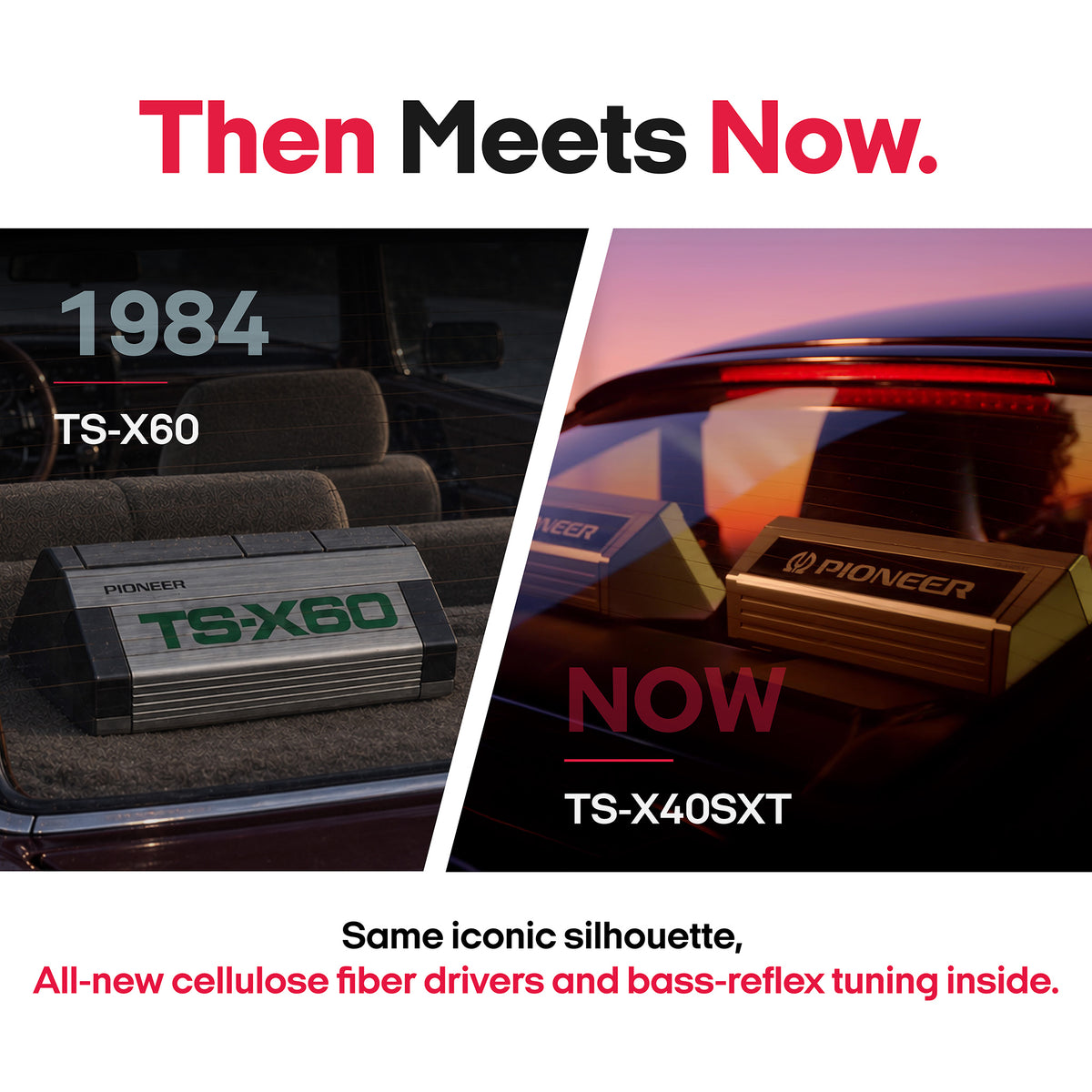 Promotional comparison graphic for Pioneer TS-X60 and TS-X40SXT car doorbell amplifiers. The left panel shows the 1984 TS-X60 in a car interior, and the right panel shows the newer TS-X40SXT mounted near the rear door on a sunset background.