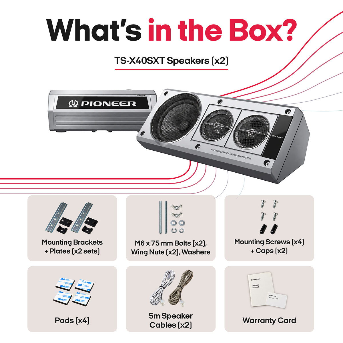 Pioneer TS-X40SXT speakers package shown with the product rendered on a white background and a list of included accessories below, including mounting brackets, screws, pads, cables, and a warranty card.