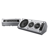 Pioneer 2-way car speaker and matching amplifier receiver on a solid white background.