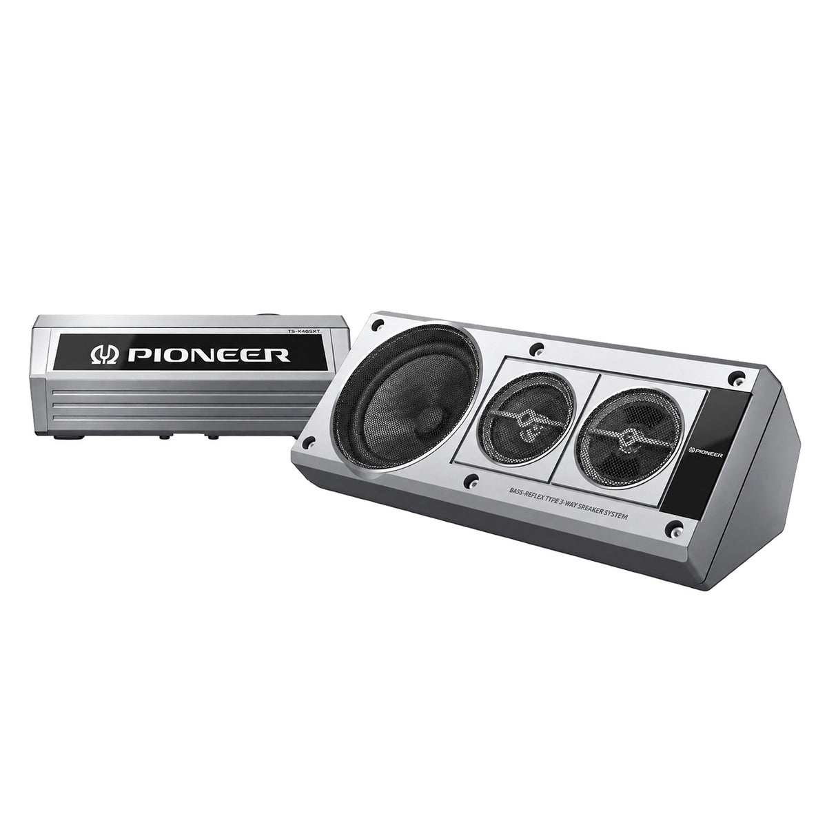 Pioneer 2-way car speaker and matching amplifier receiver on a solid white background.
