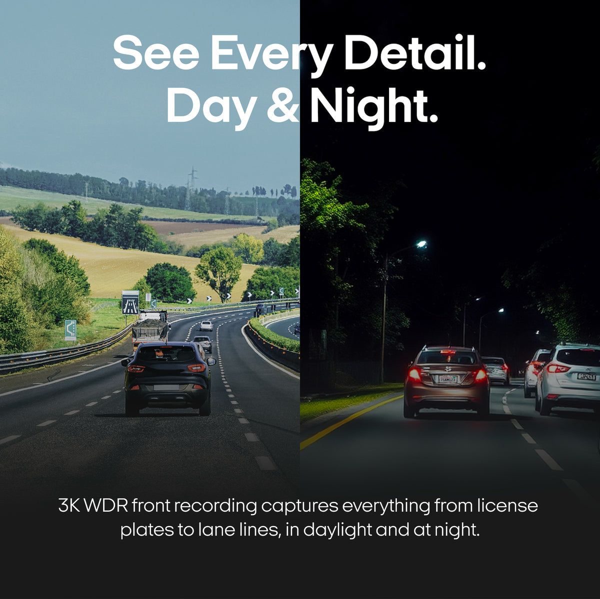 Two video scenes side by side showing the difference in how it records during the day and at night.