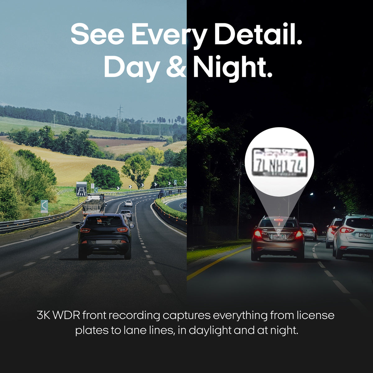 View from dash camera that shows the difference between day and night and how well the camera records at night time.