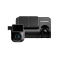 Pioneer dash cam camera kit with a rear main unit, front monitor screen, and two rear lights, shown on a solid white background.