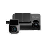 Pioneer dash cam camera kit with a rear main unit, front monitor screen, and two rear lights, shown on a solid white background.