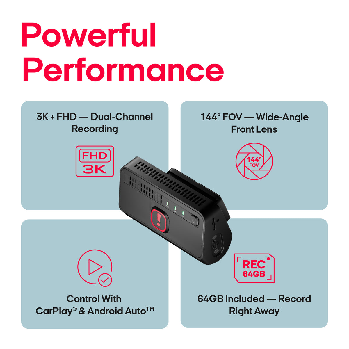 A black car dash camera with a red power button, shown on a light gray background with promotional text and feature callouts for 3K FHD dual-channel recording, 144° FOV wide-angle lens, CarPlay and Android Auto control, and 64GB storage.