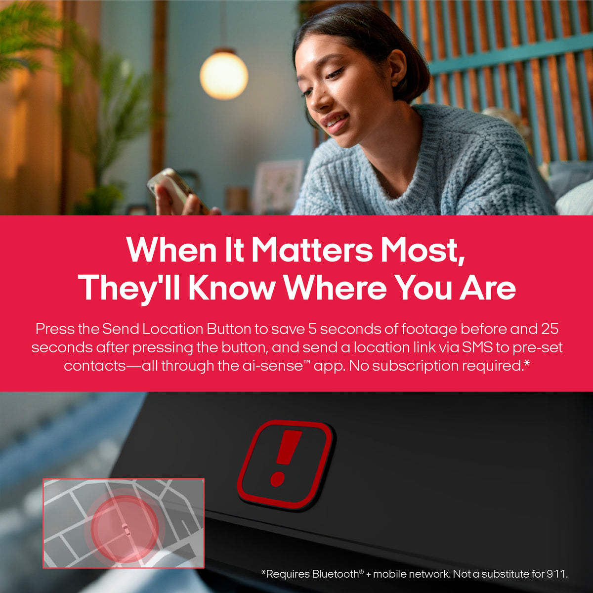 Promotional graphic for a location-sharing alarm feature, showing a woman looking at her phone in a bedroom setting, a bright red text banner in the middle, and a close-up of a black alarm device with a red send-location button. Text explains saving 5 seconds of footage and sending a location link via SMS through the ai-sense app.