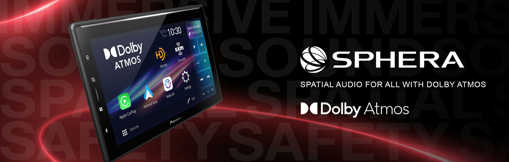 Sphera audio device with Dolby Atmos branding on a dark background