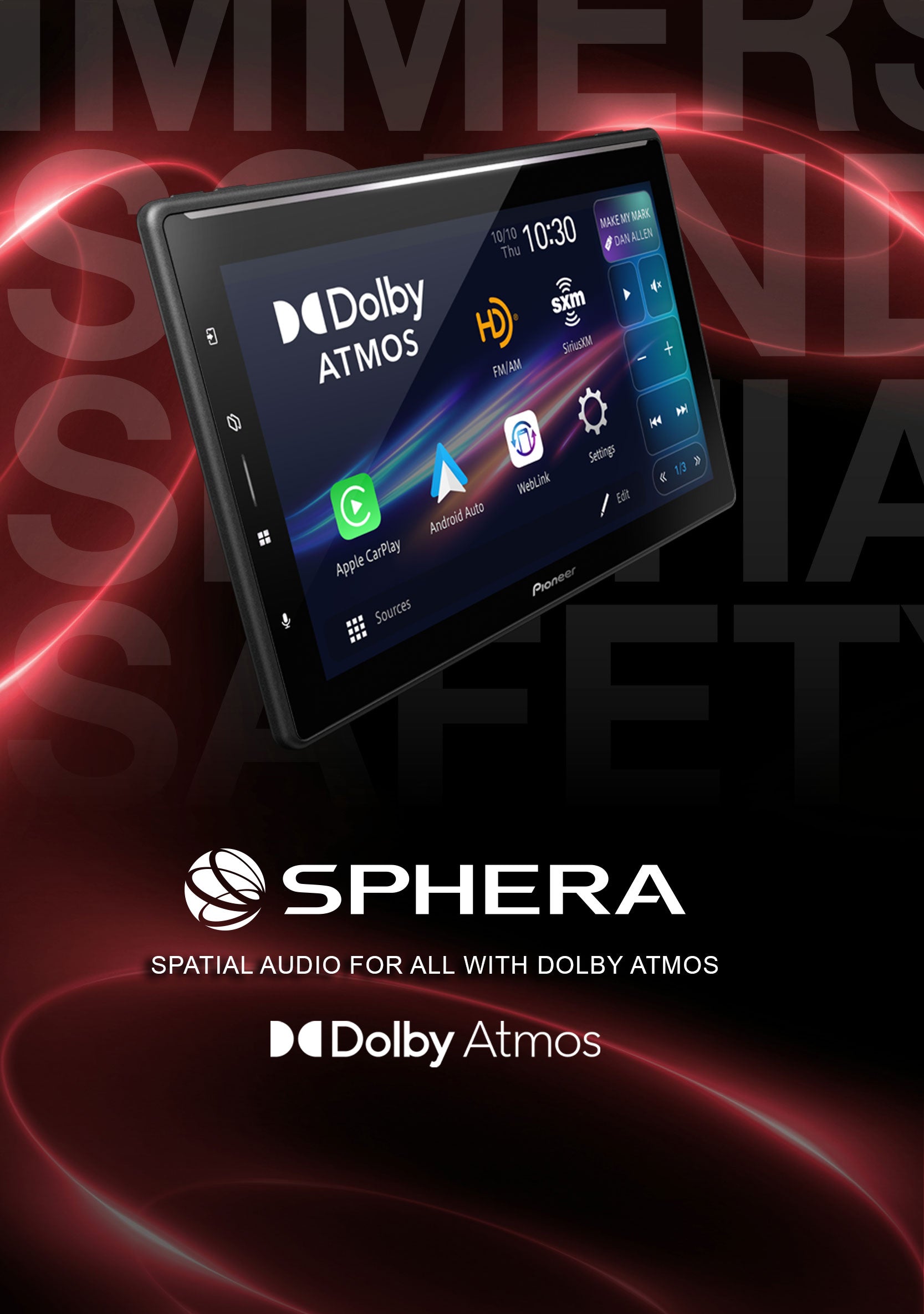 Sphera audio device with Dolby Atmos branding on a dark background