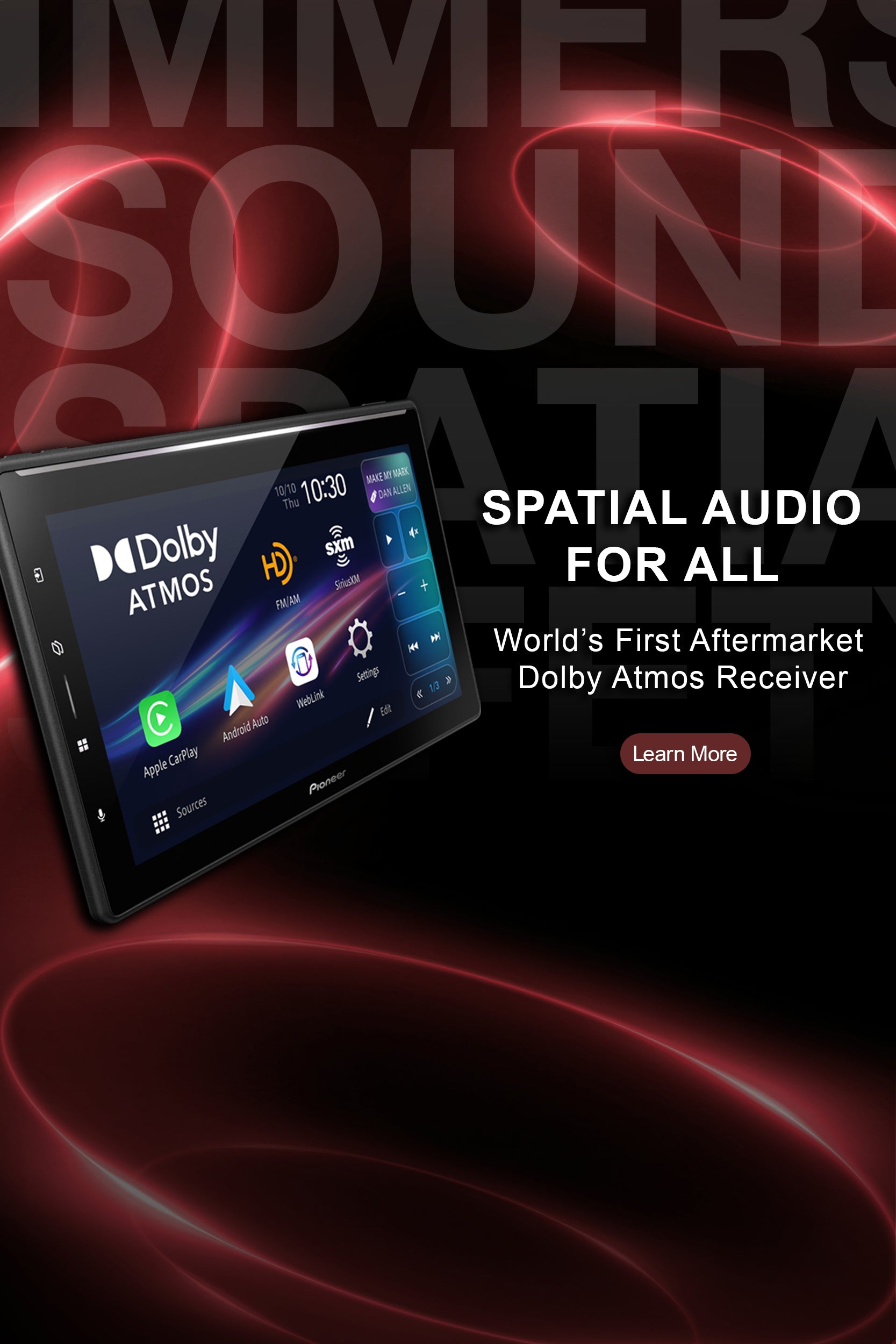 Dolby Atmos receiver with spatial audio text on a dark background