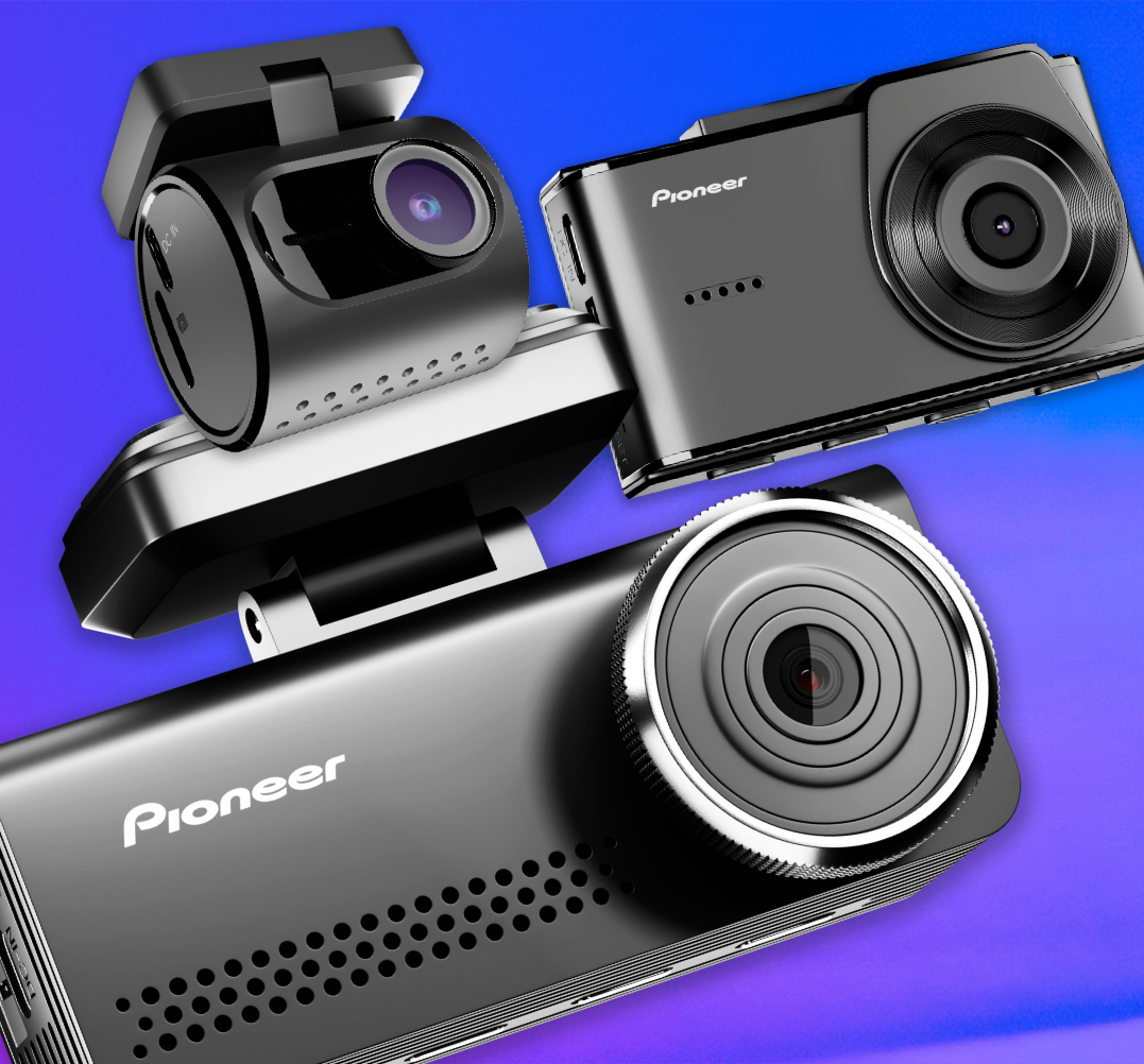 Three Pioneer car dash cameras on a blue background