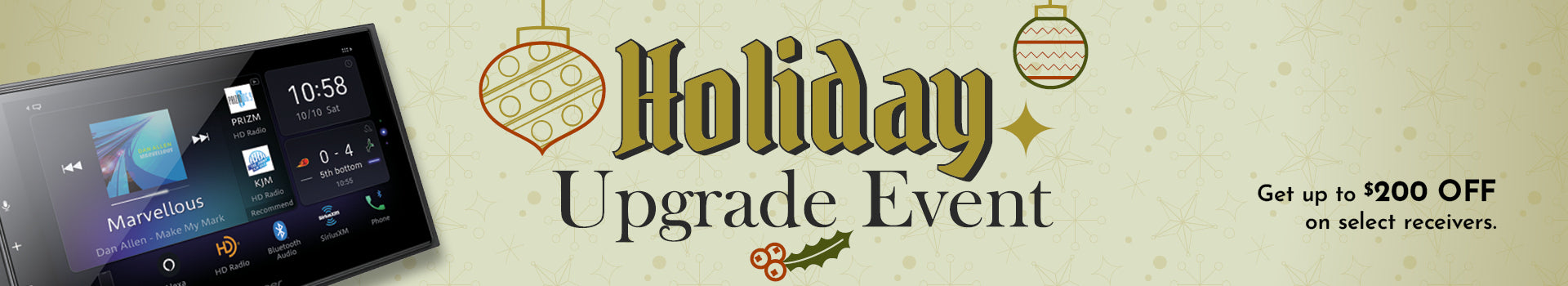 Advertisement for a holiday upgrade event with a digital display and promotional text.