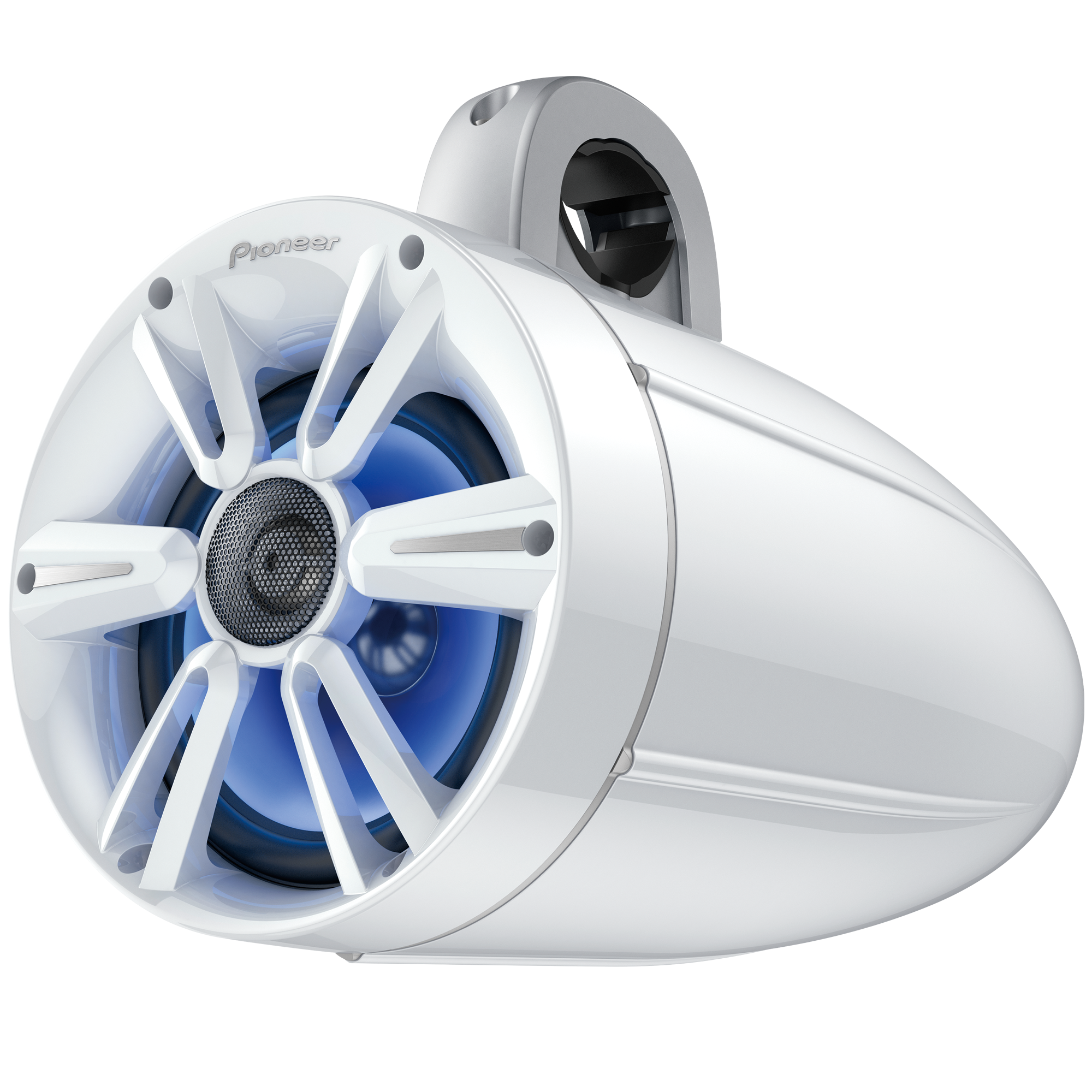 White marine speaker with blue lighting on a white background