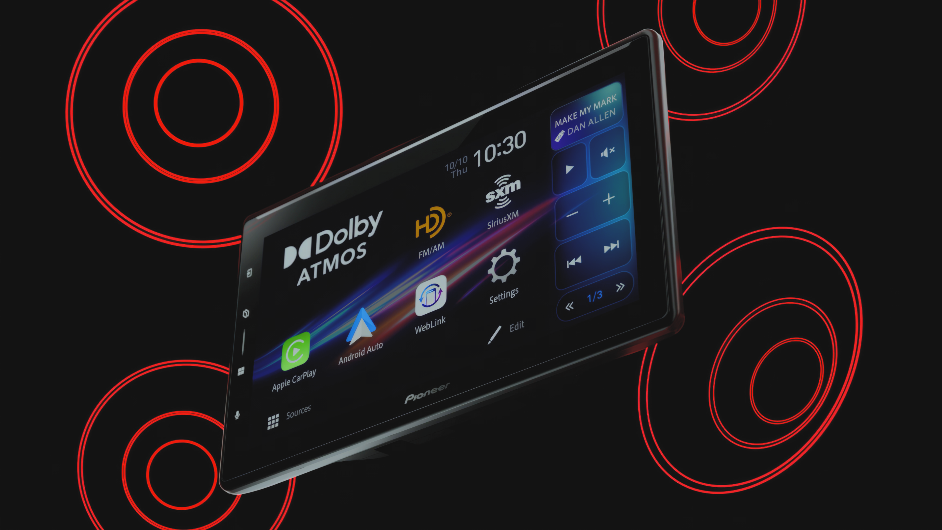 Pioneer receiver in center with red sound spirals around it. 