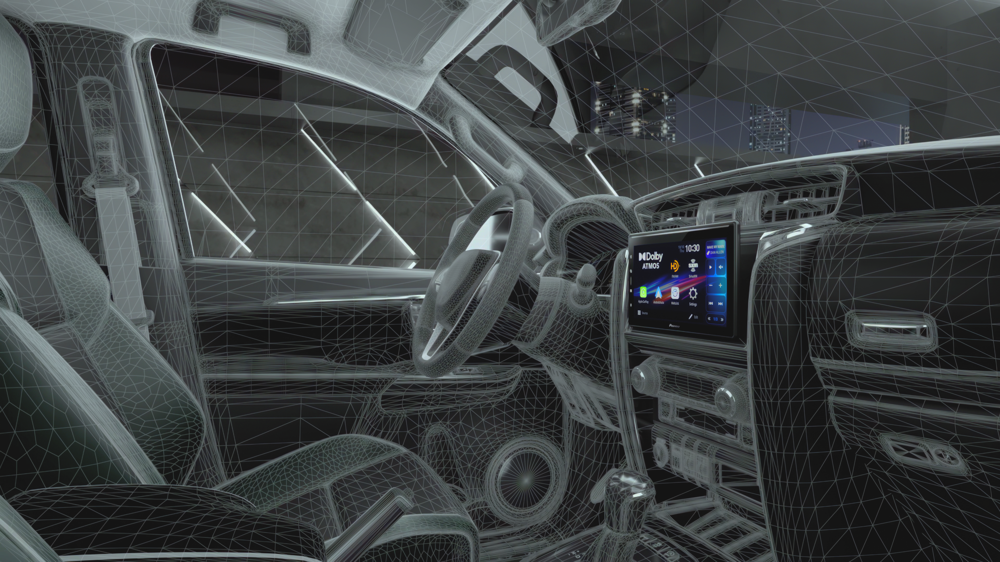 Interior of a vehicle with dashboard and steering wheel