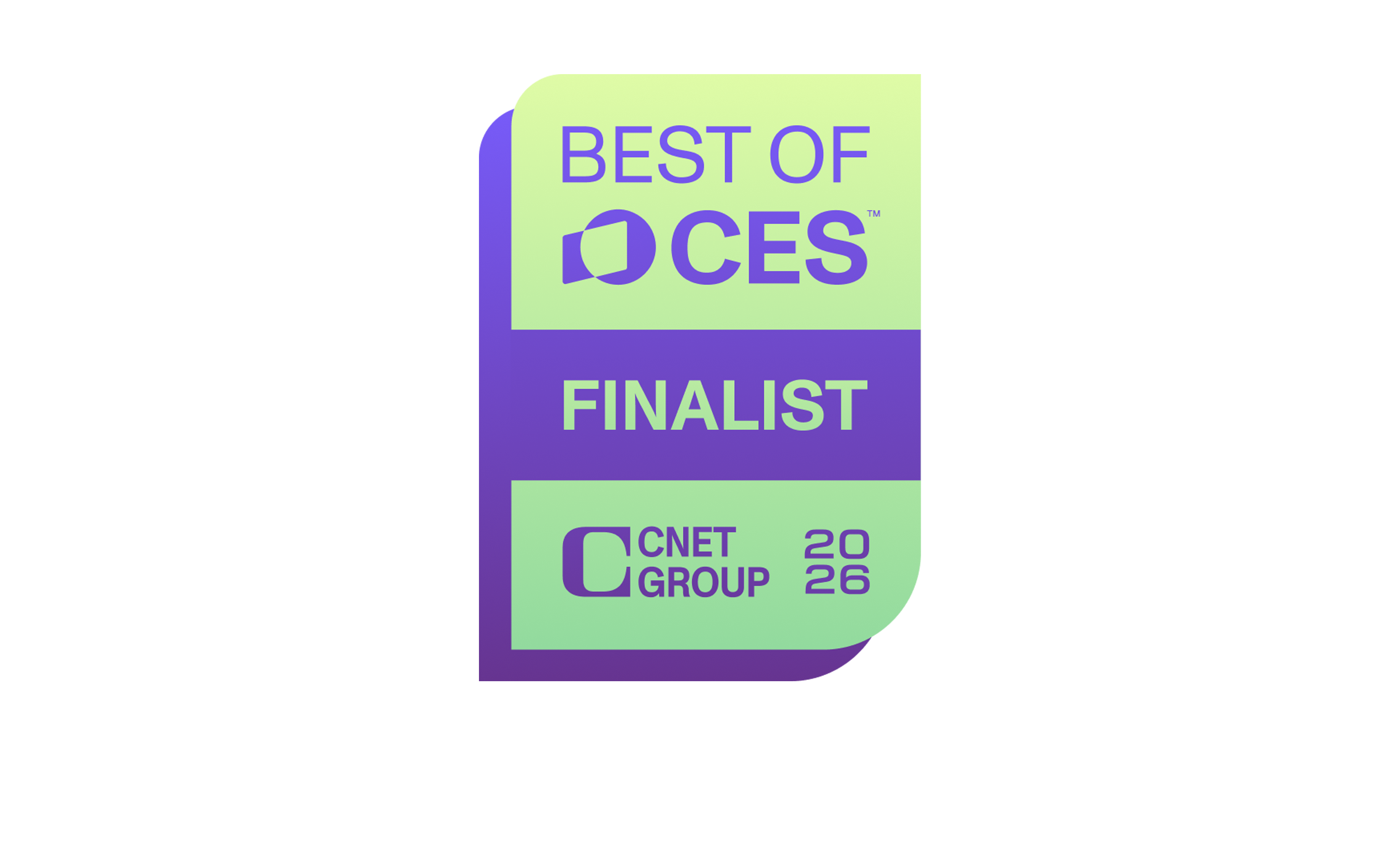 Best of CES finalist badge with green and purple colors on a white background