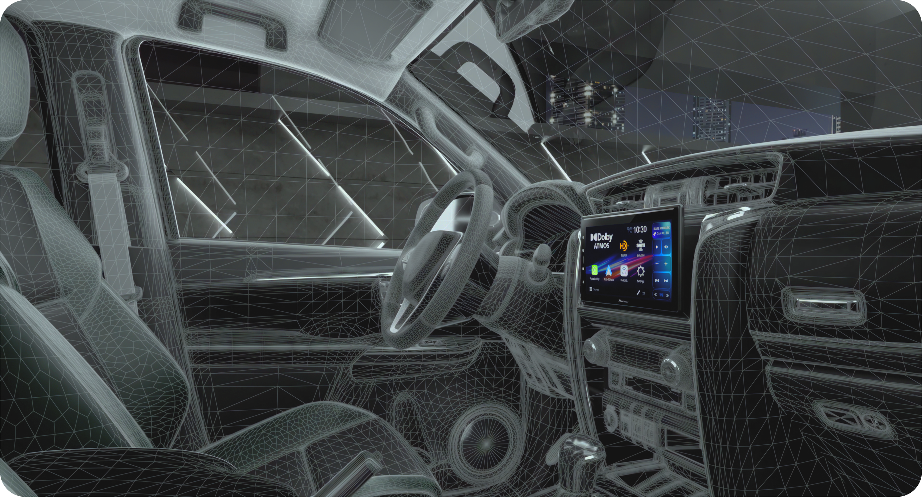 Car interior with steering wheel and dashboard display