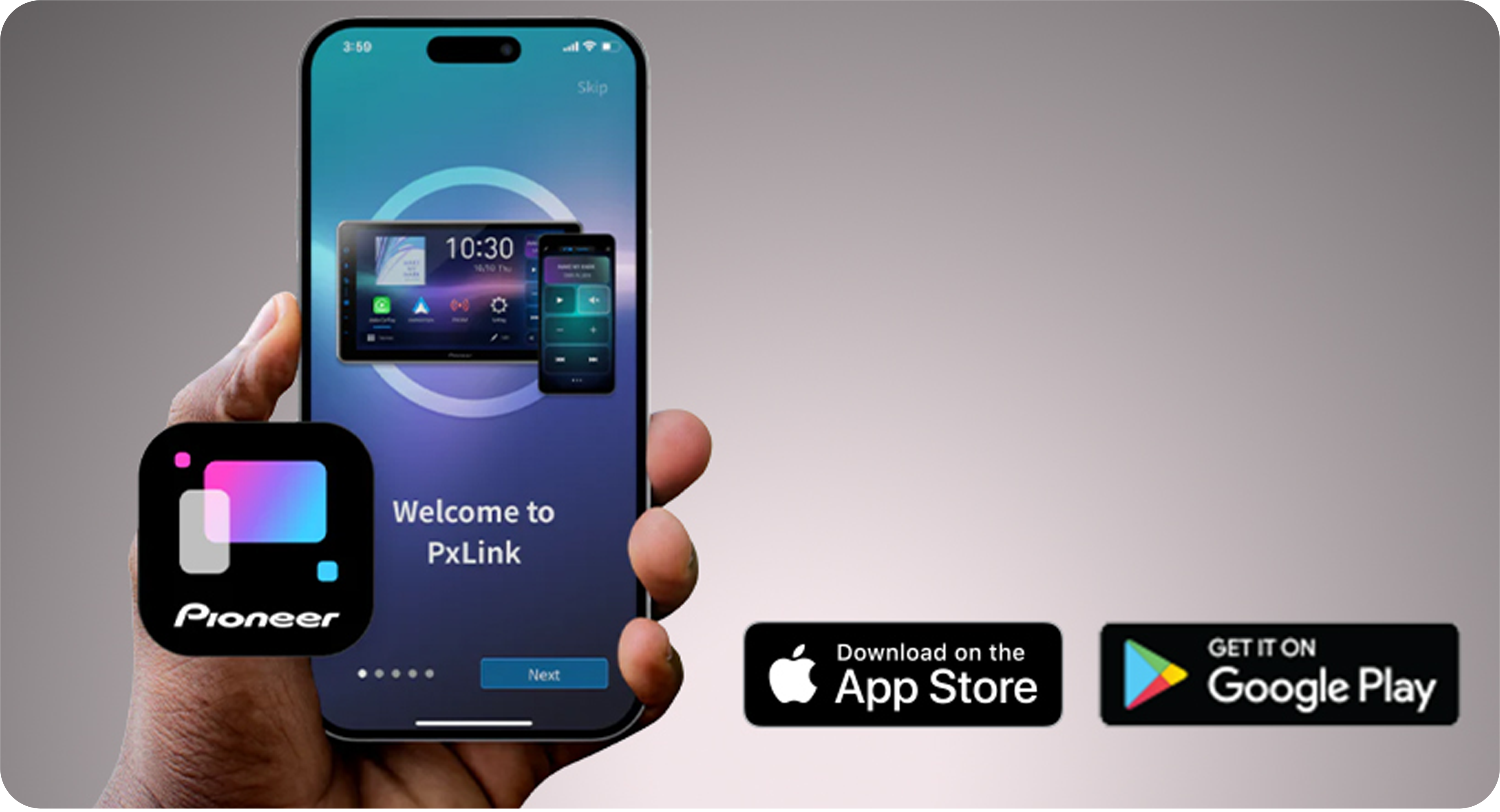 Hand holding a smartphone displaying the PxLink app with app store download icons.