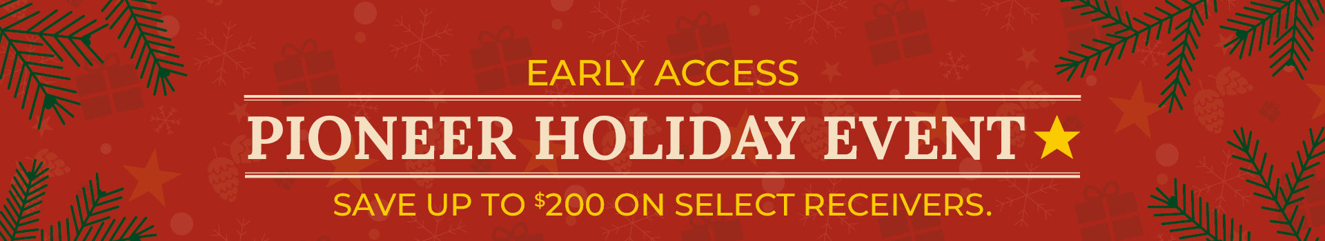 Promotional banner for Pioneer Holiday Event with text and decorative elements on a red background.