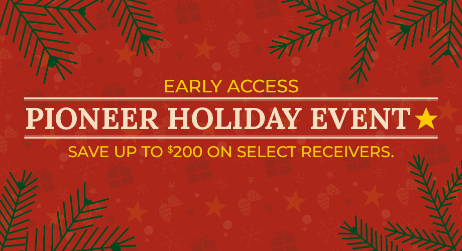 Promotional banner for Pioneer Holiday Event with festive design elements on a red background.