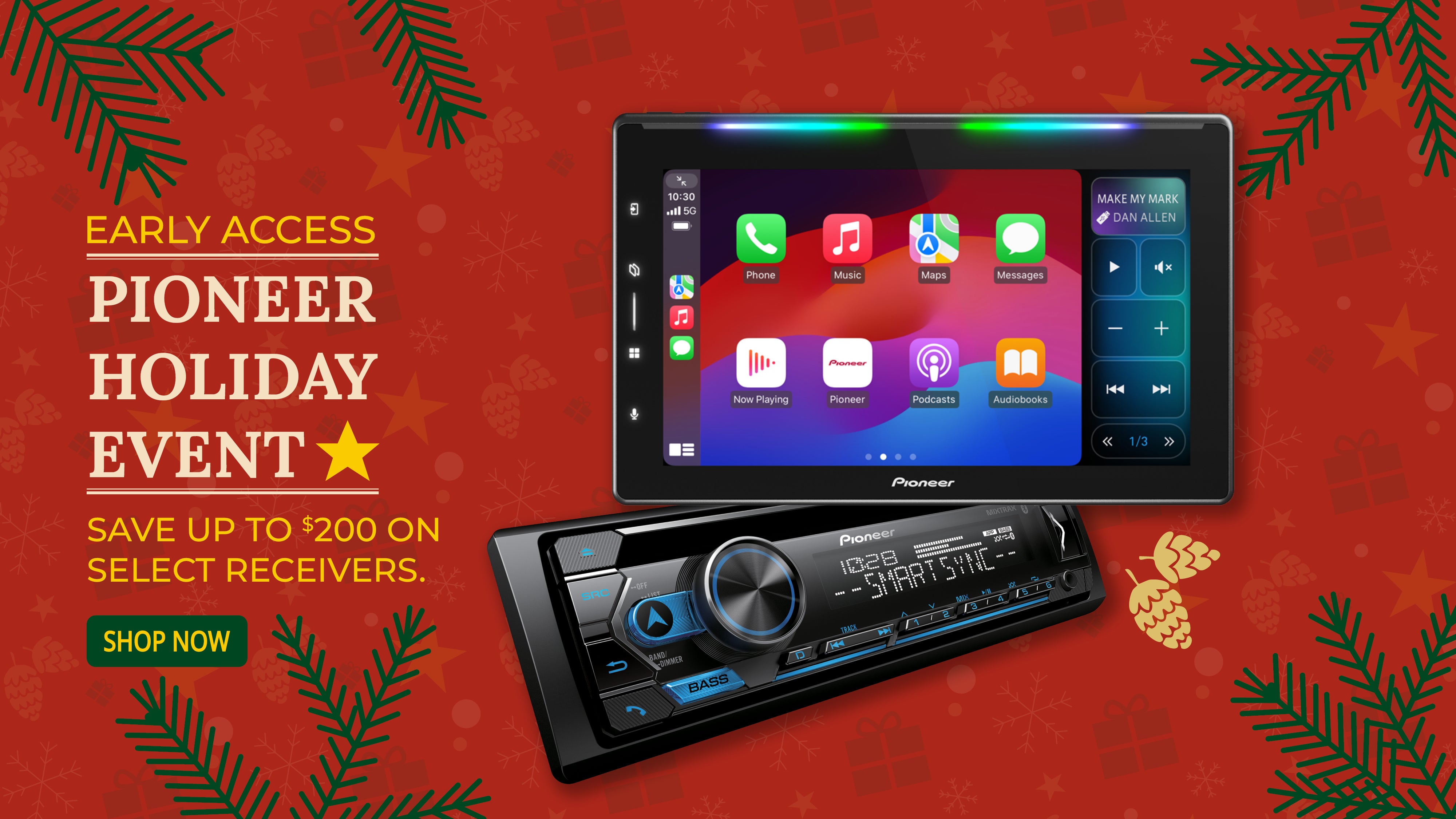 Pioneer car audio receivers with a festive red background and holiday event text.