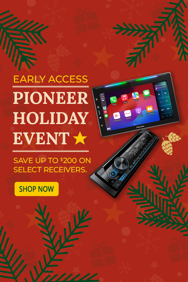 Advertisement for Pioneer Holiday Event with car stereo equipment on a red background with Christmas elements.