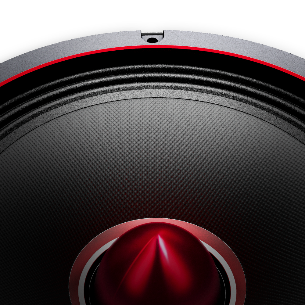 close up of speaker with red tweeter