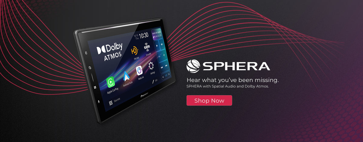Sphera car infotainment system with Dolby Atmos branding on a dark background
