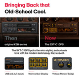 Promotional comparison graphic for a Pioneer car stereo upgrade. The top half shows a black KEH-series unit labeled 'Then' next to a black SXT-C10PS unit labeled 'Now', both with warm amber display lighting.