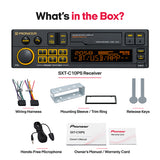 Pioneer SXT-C10PS car stereo receiver package contents on a white background, including the black digital display receiver, wiring harness, mounting sleeve and trim ring, two release keys, a hands-free microphone cable, the owner's manual, and the warranty card. Text at the top reads 'What's in the Box?'.