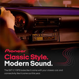 Pioneer SXT-C 10PS car stereo head unit shown installed in a dashboard, with a hand on the steering wheel and promotional text reading 'Pioneer Classic Style. Modern Sound.