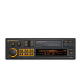 Pioneer car stereo headunit with a black faceplate and orange/yellow illuminated display and controls, shown on a plain white background.