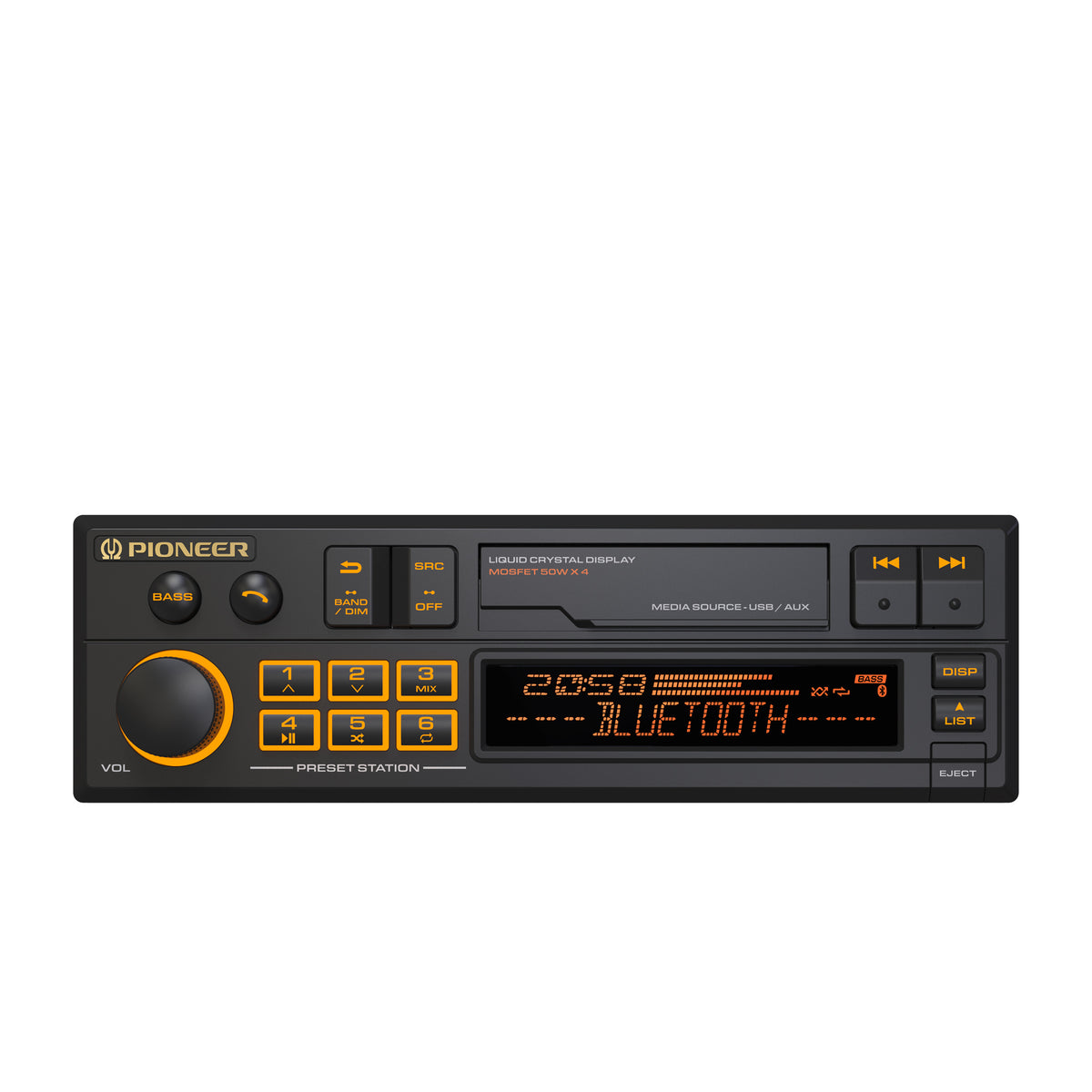 Pioneer car stereo headunit with a black faceplate and orange/yellow illuminated display and controls, shown on a plain white background.