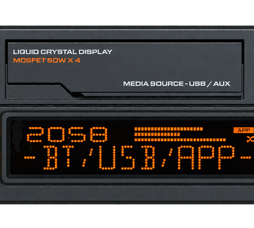 Close-up of a black electronic display module with a liquid crystal screen showing orange text and status indicators, labeled for MOSFET 50W x 4 and media source USB/AUX.