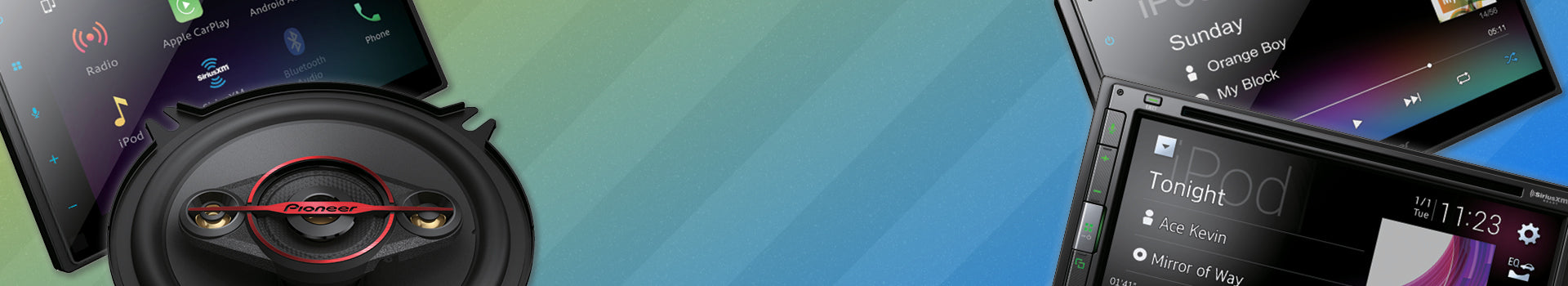 Car stereo system with a smartphone displaying a music app on a colorful gradient background