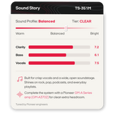 A product graphic card for a Pioneer TS-351M audio processor, showing a 'Sound Story' color profile slider and performance metrics for Clarity, Bass, and Vocals on a clean white background.