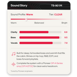 A product graphic card for a Pioneer TS-901M amp headroom upgrade, showing a 'Sound Story' profile labeled 'Warm' and 'Tier: CLEAR' with bar charts for Clarity, Bass, and Vocals, plus text noting compatibility with a Pioneer GM-A Series amp.
