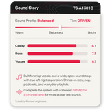 A product information card for a Pioneer sound profile upgrade, model TS-A1301C. The card displays a 'Sound Profile' slider set to 'Driven' and lists quality scores for Clarity, Bass, and Vocals.